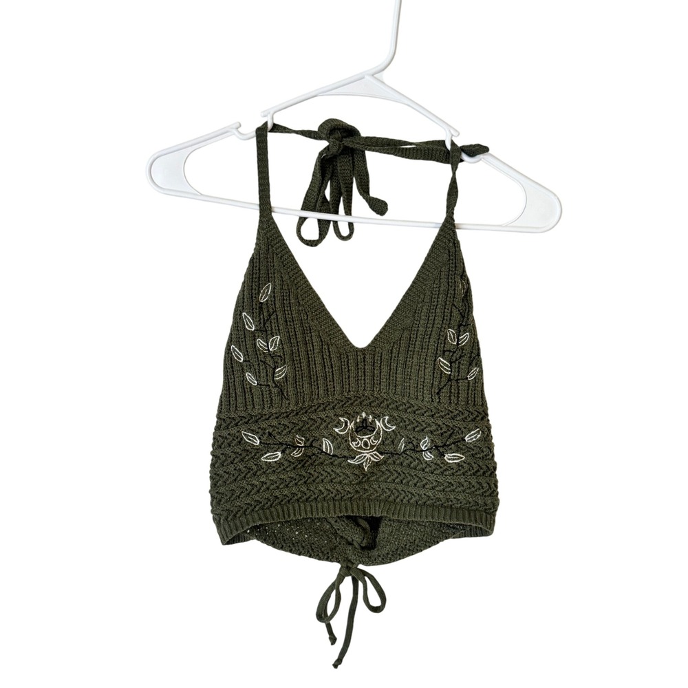 Olive Green Embroidered Knit Halter Crop Top Boho Celestial Floral Small